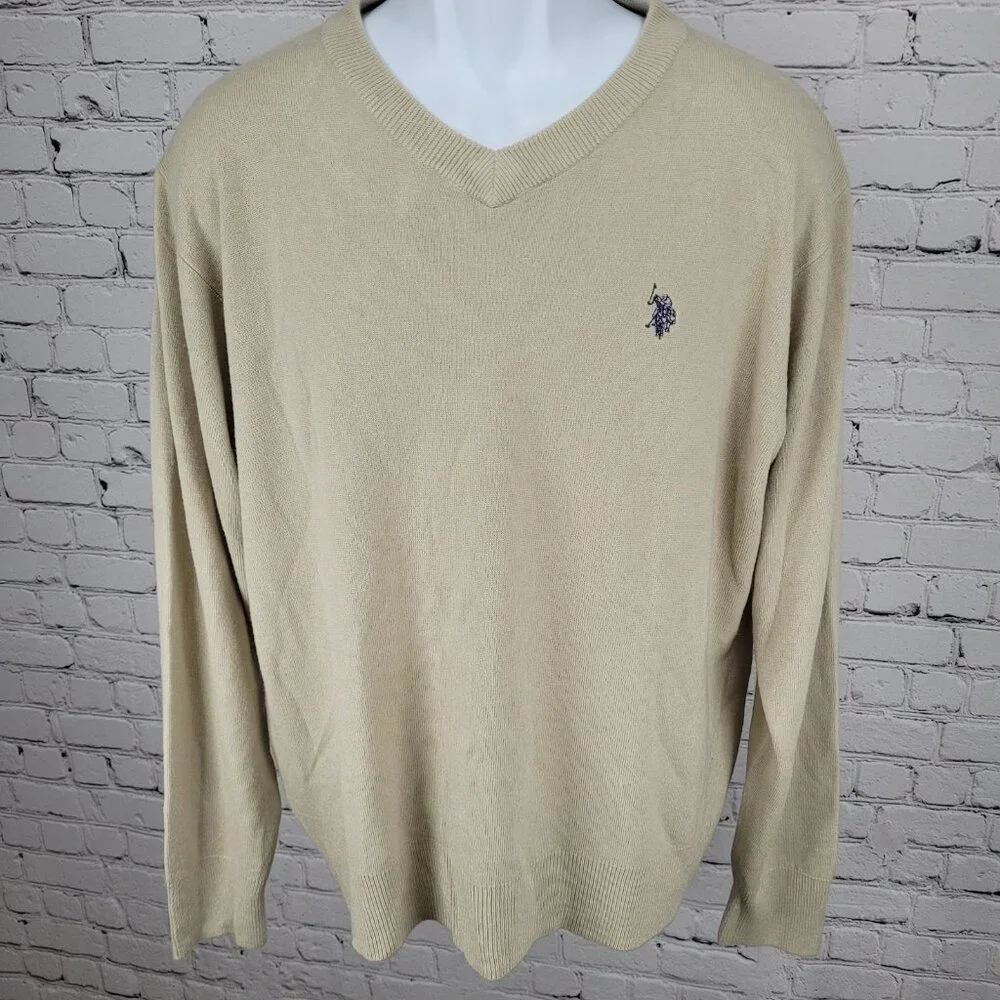 US Polo Assn Beige Soft V Neck Pullover Embroidered Logo Sweater Size XL